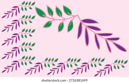 Verschiedene kleine und große Set von violetten und grünen Blatt zusammen machen Kunstwerk auf rosafarbenem Hintergrund