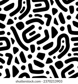 Various small black geometric shapes isolated on a white background. Monochrome seamless pattern. Vector simple flat graphic illustration. Texture.