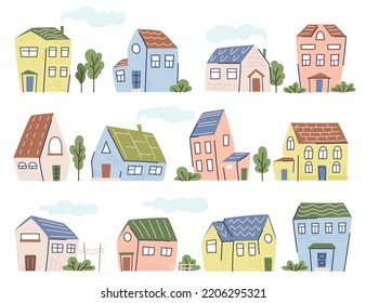 Various Small House with Green Bush and Tree Vector Set