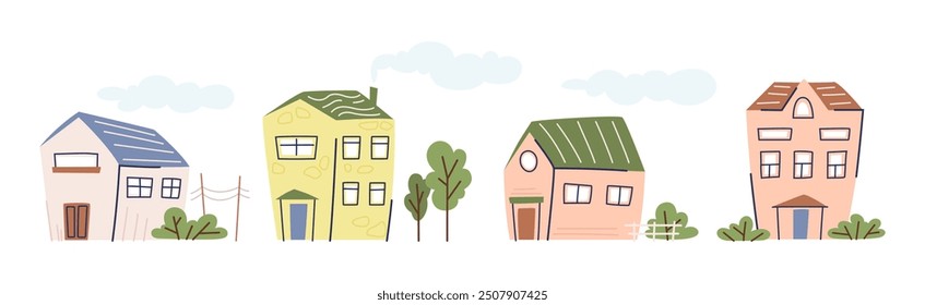 Various Small House with Green Tree Vector Set