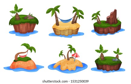 Various Small Islands With Palm Trees At The Sea Vector Illustrations Set