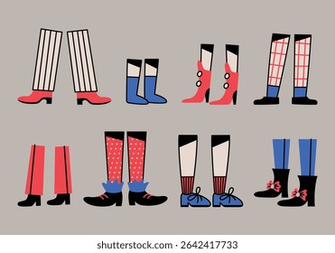 Various small, tiny and big human legs, different pants and shoes in flat style. Cartoon comic style. Colorful hand drawn vector illustration. Isolated doodle design elements. Icon, logo, print.