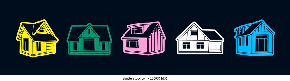 Various Small and tiny houses. Black windows, roofs and doors. Colorful walls. Different facades. Scandinavian style. Hand drawn Vector set. Every building is isolated. Bright stickers, logos, icons