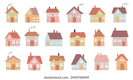 Various small tiny houses. Cartoon small  houses, minimalism city buildings. Vector illustration