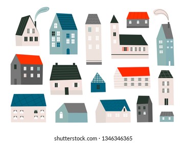 Various small tiny houses. Paper cut style. Flat design. Hand drawn trendy illustration. Colored vector set. All elements are isolated