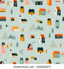 Various small tiny houses, trees and mountains. Paper cut style. Flat design. Hand drawn trendy illustration. Big colored vector seamless pattern. Grey background