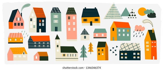 Various small tiny houses, trees and mountains. Paper cut style. Flat design. Hand drawn trendy illustration. Big colored vector set. All elements are isolated - Shutterstock ID 1346346374