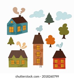 Various small tiny houses and trees. Paper cut style. Flat design. Hand drawn trendy illustration. Big colored vector set. All elements are isolated