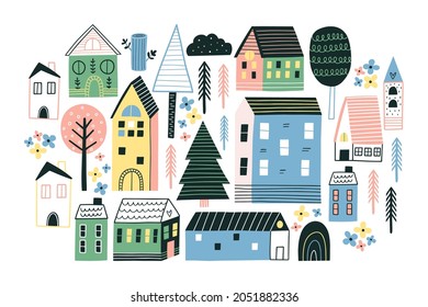 Various small tiny houses and trees. Flat design. Big colored vector set. All elements are isolated