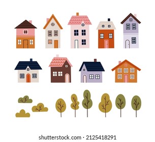 Various small tiny houses and trees. Hand-drawn small town houses set. Theme of a small town, urban design, friendly city environment.