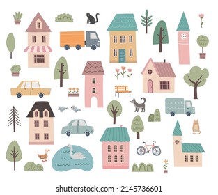 Various small tiny houses, trees, animals, cars vector set. Cartoon buildings icons collection. Hand draw style. Cute town design elements isolated on white background. Flat design. 