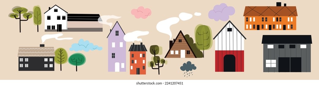 Various small tiny houses, trees. Paper cut style. Flat design. Hand drawn fashion illustration. Big color vector set. All elements are isolated