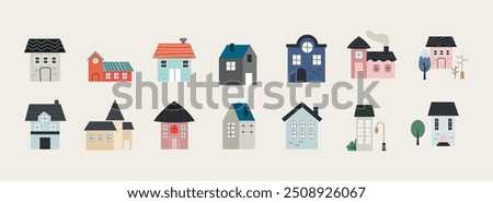 Various small tiny houses, trees and mountains. Paper cut style. Flat design. Hand drawn trendy illustration. Big colored vector set. 