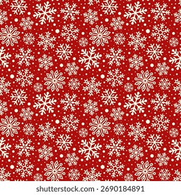 Varios Pequeños copos de nieve blancos aislados sobre un fondo rojo. Patrón sin fisuras. Ilustración gráfica de Vector plano simple. Textura.