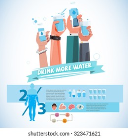 Various smart Hands holding bottle and cup of drink water. healthy drink water concept - vector illustration