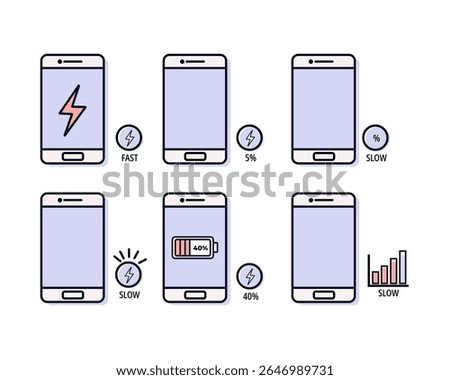 Various smartphone icons illustrating battery charging modes (fast, slow) and battery levels (5%, 40%). Visuals include lightning bolts and percentage displays.