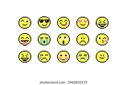 Various smile character shape pixel icons vector illustration. White background. Emoticon. Cute faces pack.  Pixel art style icons set.