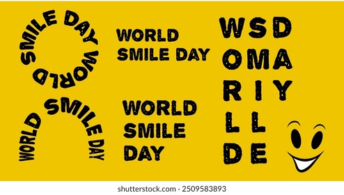 varios diseños de Plantilla de tipografía Smile Day con fuente de onda sobre un fondo amarillo. Texto negro para celebrar el Día Mundial de la Sonrisa y el Día de la Risa