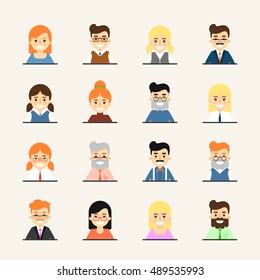 Various smiling cartoon faces, icons set. Group of cute happy diverse business people, vector illustrations isolated on white background. Avatars collection in flat design
