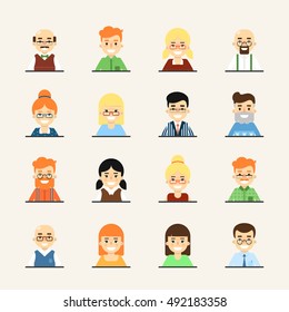 Various smiling cartoon faces, icons set. Group of cute happy diverse business people, vector illustrations isolated on white background. Avatars collection in flat design