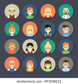Various smiling cartoon faces, round icons set. Group of cute happy diverse business people, vector illustrations isolated on gray background. Avatars collection in flat design