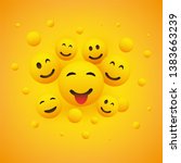 Various Smiling Happy Emoticons in Front of a Yellow Background, Vector Concept Illustration