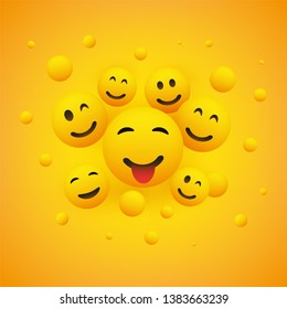 Various Smiling Happy Emoticons in Front of a Yellow Background, Vector Concept Illustration