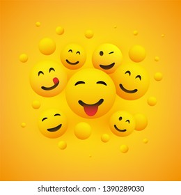 Various Smiling Happy Emoticons in Front of a Yellow Background, Vector Concept Illustration 