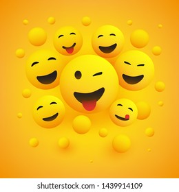 Various Smiling Happy Emoticons in Front of a Yellow Background, Vector Concept Illustration 