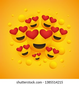 Various Smiling Happy Emoticons with Heart Shaped Eyes in Front of a Yellow Background, Vector Design, Concept Illustration 