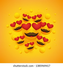 Various Smiling Happy Emoticons with Heart Shaped Eyes in Front of a Yellow Background, Vector Design, Concept Illustration 