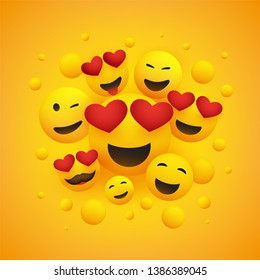 Various Smiling Happy Emoticons with Heart Shaped Eyes in Front of a Yellow Background, Vector Design, Concept Illustration