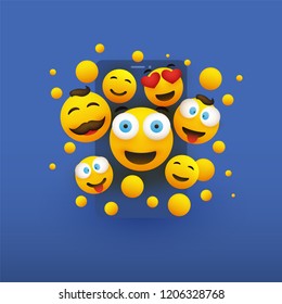 Various Smiling Happy Yellow Emoticons in Front of a Smartphone Screen, Vector Concept Illustration