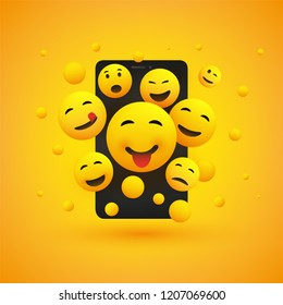 Various Smiling Happy Yellow Emoticons in Front of a Smartphone Screen, Vector Concept Illustration