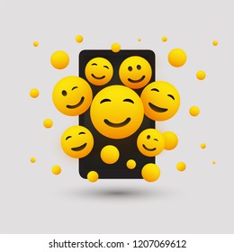 Various Smiling Happy Yellow Emoticons in Front of a Smartphone Screen, Vector Concept Illustration