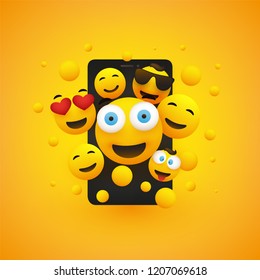 Various Smiling Happy Yellow Emoticons in Front of a Smartphone Screen, Vector Concept Illustration