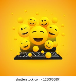 Various Smiling Happy Yellow Emoticons in Front of a Laptop Computer's Screen, Vector Concept Illustration