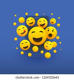 Various Smiling Happy Yellow Emoticons in Front of a Smartphone Screen, Vector Concept Illustration