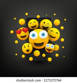 Various Smiling Happy Yellow Emoticons in Front of a Smartphone Screen, Vector Concept Illustration
