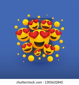 Various Smiling Happy Yellow Emoticons with Heart Shaped Eyes in Front of a Smartphone Screen, Vector Design, Concept Illustration