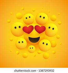 Various Smiling Happy Yellow Emoticons with Heart Shaped Eyes in Front of a Yellow Background, Vector Design, Concept Illustration