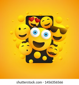 Various Smiling Happy Yellow Emoticons in Front of a Smartphone Screen, Vector Concept Illustration