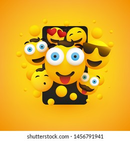 Various Smiling Happy Yellow Emoticons in Front of a Smartphone Screen, Vector Concept Illustration