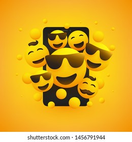 Various Smiling Happy Yellow Emoticons in Front of a Smartphone Screen, Vector Concept Illustration