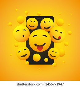 Various Smiling Happy Yellow Emoticons in Front of a Smartphone Screen, Vector Concept Illustration