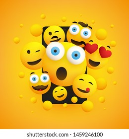 Various Smiling Happy Yellow Emoticons in Front of a Smartphone Screen on a Yellow Background, Vector Concept Illustration