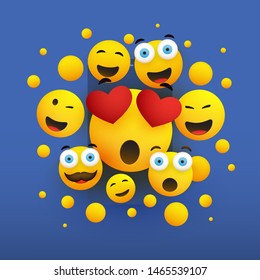 Various Smiling Happy Yellow Emoticons on Blue Background, Vector Concept Illustration