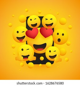 Various Smiling Happy Yellow Emoticons Design, Group of Funny People in Front of a Smartphone Screen, Vector Concept Illustration