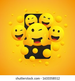 Various Smiling Happy Yellow Emoticons in Front of a Smartphone Screen, Vector Concept Illustration