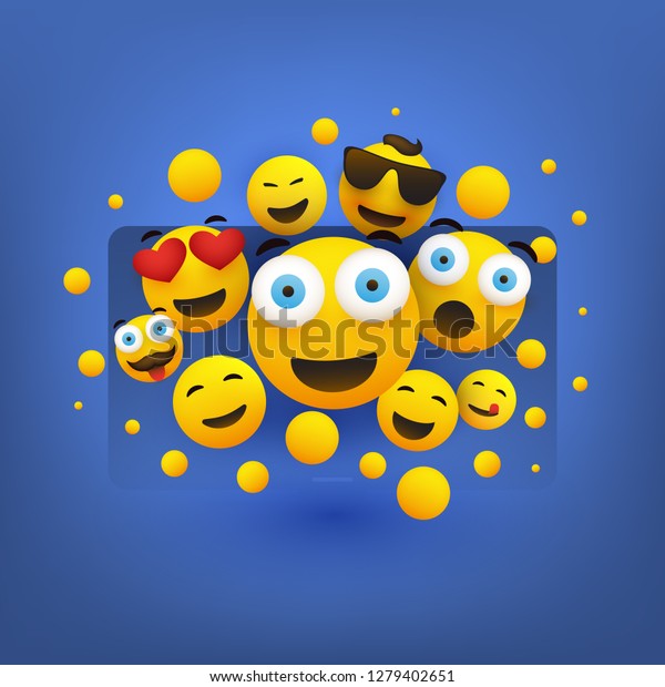 Various Smiling Happy\
Yellow Emoticons in Front of a Smart Television Screen, Vector\
Concept Illustration